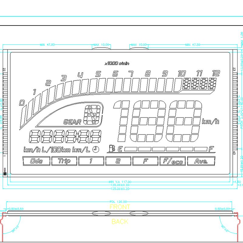 Kundenspezifisches HTN-LCD-Bluescreen-7-Segment-LCD-Display HTN-Negativsegment-LCD-Panel für Tachometer