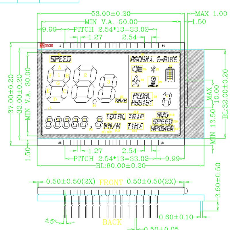 Benutzerdefinierter LCD-Bildschirm für E-Bike VA-Segment-LCD-Bildschirme Benutzerdefiniertes LCD-Display VA-Schwarz-Segment-LCD-Display