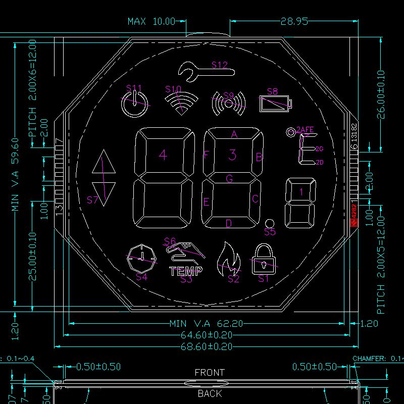 Kundenspezifisches HTN-LCD-Display Monochromes 7-Segment-LCD für Thermostat Tn Htn Postive Transflective 7-Segment-LCD-Panel LCD-Bildschirm